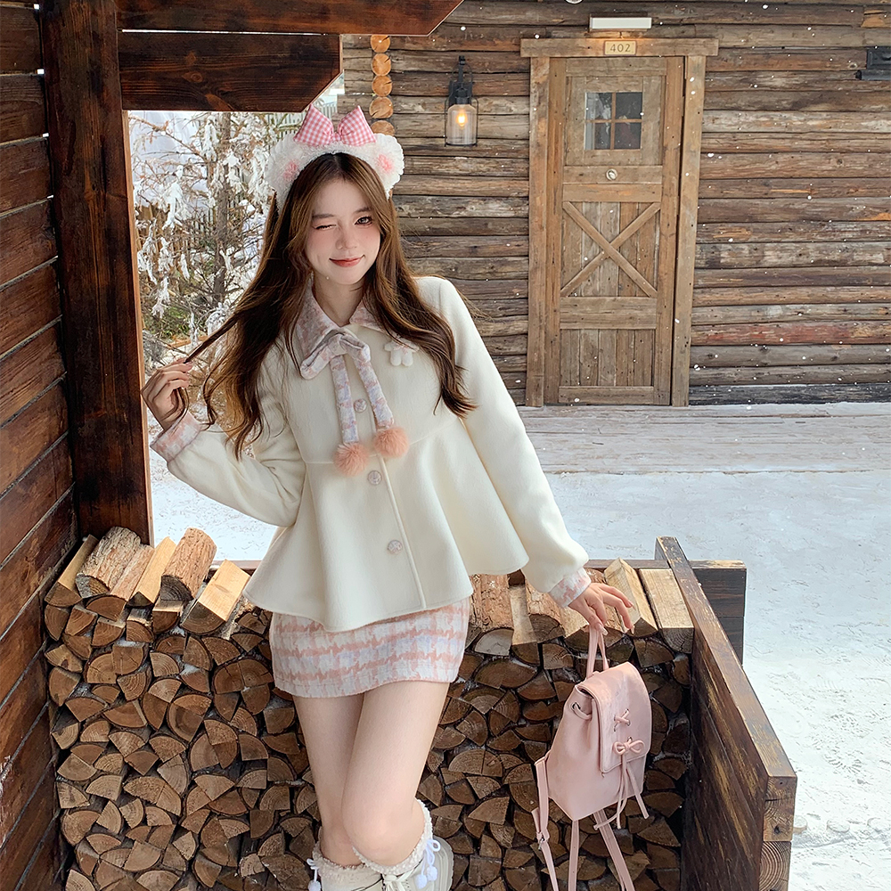 织物猪 奶盐小兔 粉杏色翻领外套女秋冬毛呢套装格子半身裙两件套