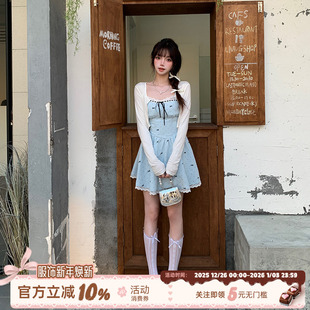 织物猪 蓝色蝴蝶结波点吊带连衣裙女夏甜美蕾丝花边短裙 海盐寄语