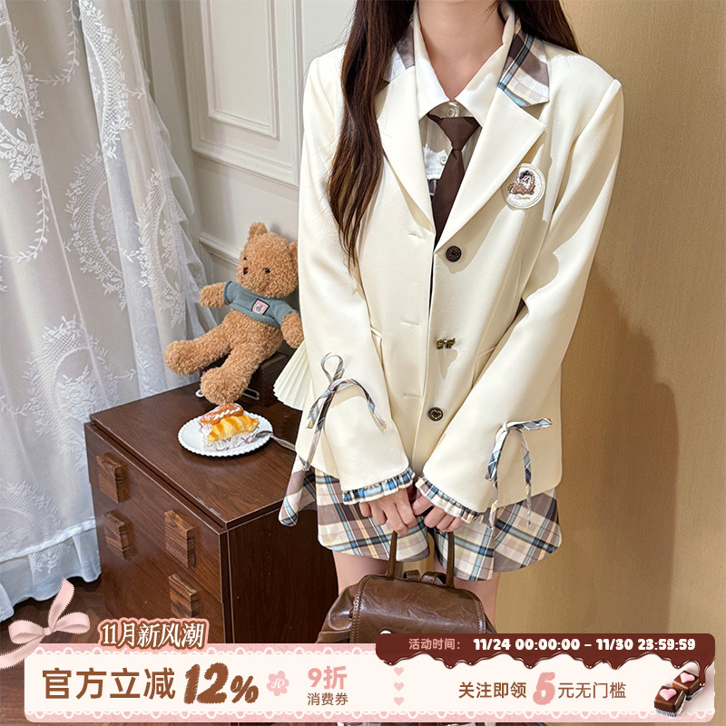 学院风格纹假两件连衣裙女秋