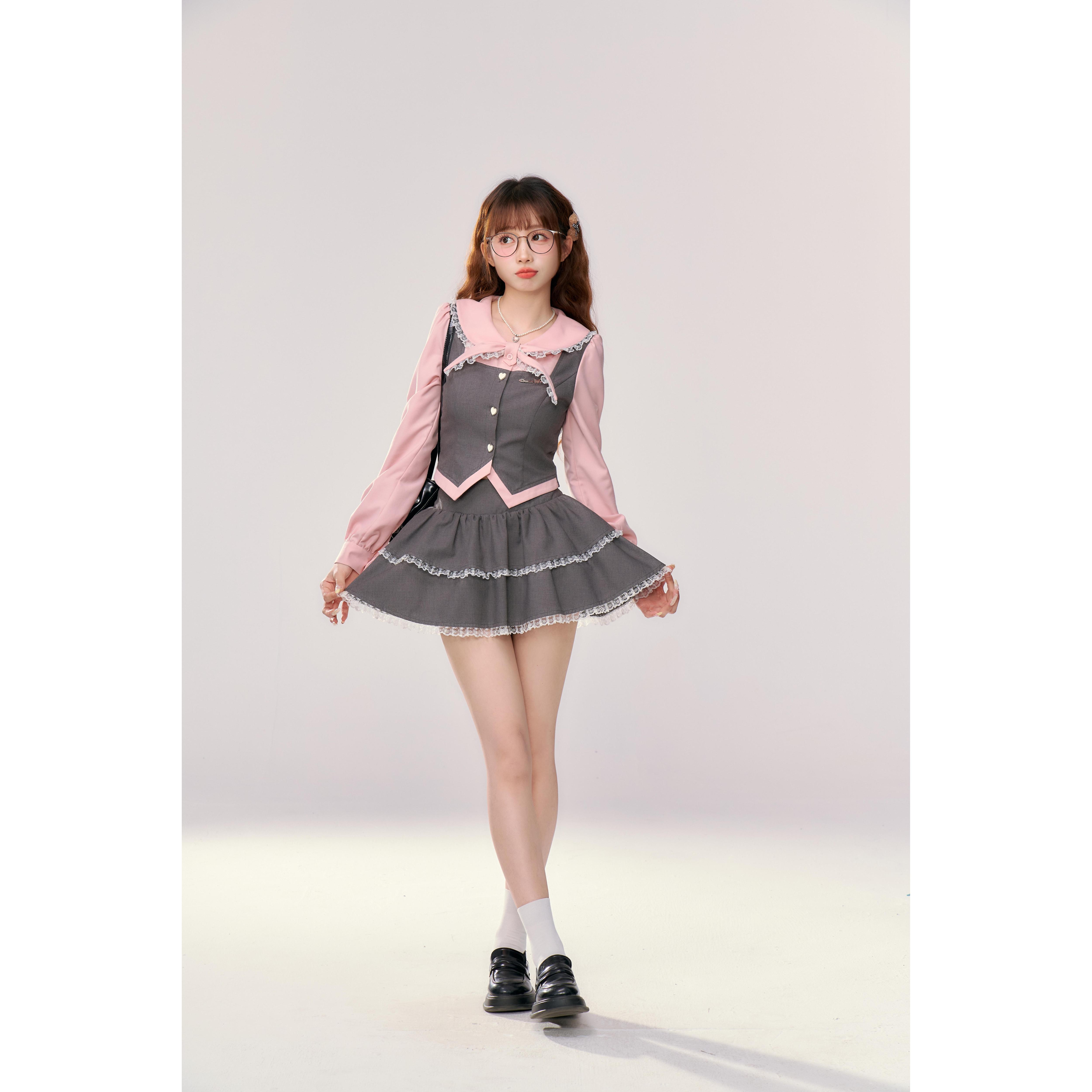 织物猪 椰蓉奶糕 甜美学院风灰粉色长袖衬衫套装女早秋收腰短裙