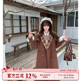 领夹棉外套女冬美拉德毛呢大衣 学院风棕色西装 织物猪 巧可可高校