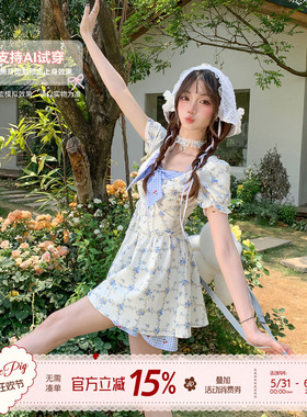 织物猪 甜草奶酪 田园度假风蓝色短袖碎花裙女格纹拼接夏日连衣裙