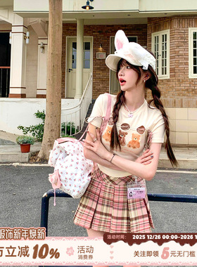 织物猪 杏雨梨花 甜美风小熊印花T恤套装夏季显瘦格子短裙两件套