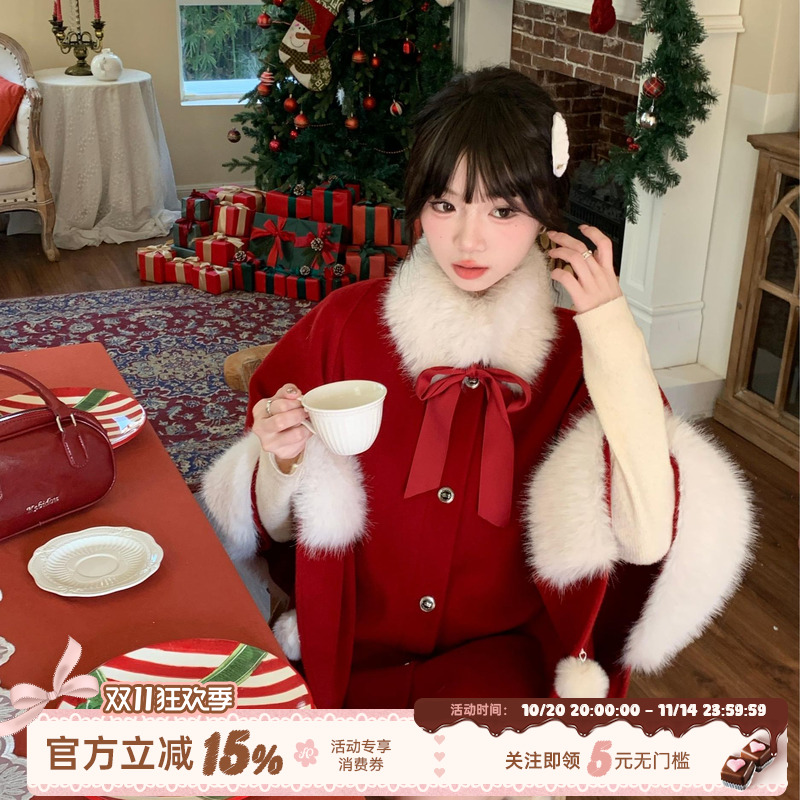 织物猪 冬日协奏曲 千金风复古红色斗篷外套女冬圣诞新年穿搭战袍