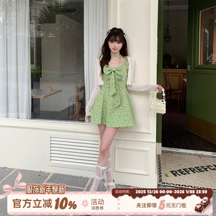 织物猪 绿色印花吊带连衣裙女夏日蝴蝶结独特漂亮小短裙 莫奈花园