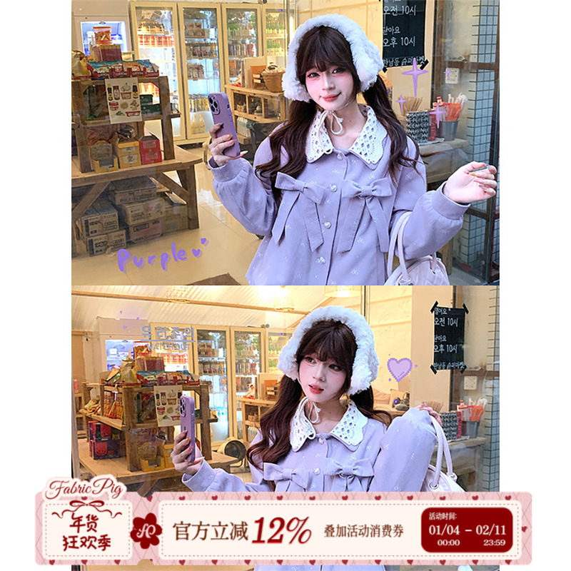 织物猪 甜芋奶昔 甜美风紫色夹棉灯芯绒短外套女冬少女感拼接上衣,女装/女士精品,短外套,淘宝优惠券,粉丝福利购,淘宝优惠卷