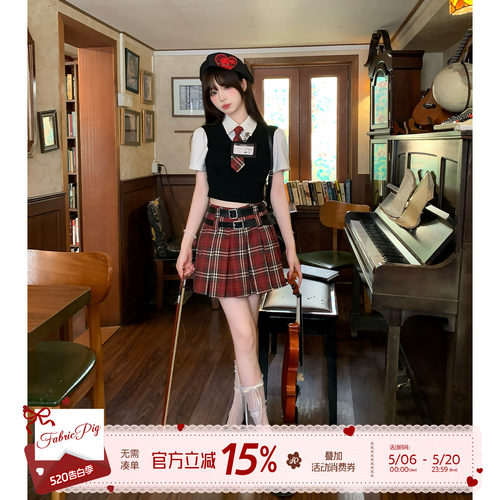 复古学院风假两件短袖衬衫套装女