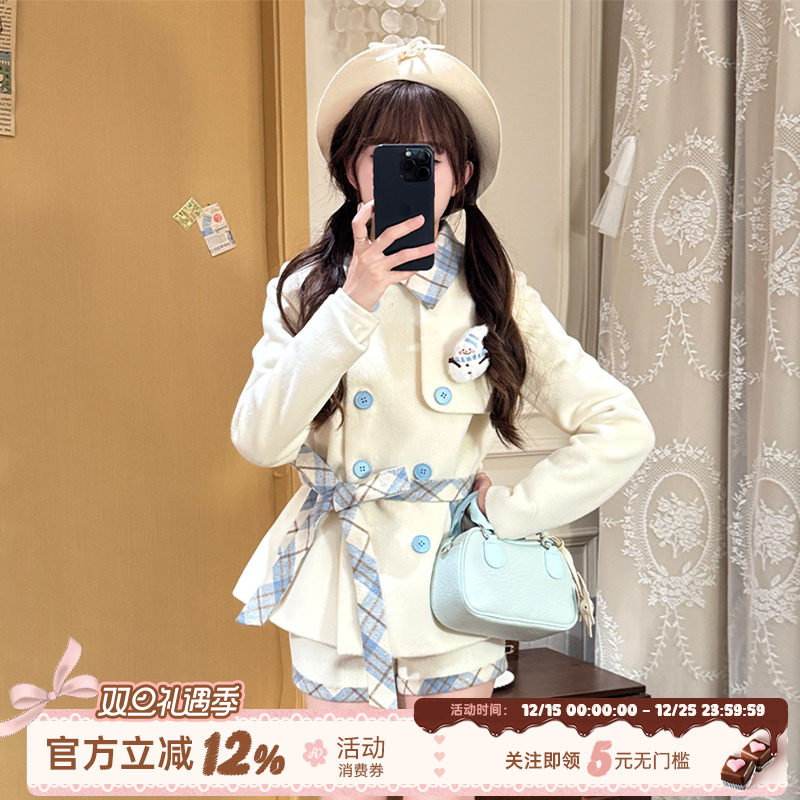 织物猪 暖冬恋歌 千金感拼接格纹毛呢外套女秋冬束腰风衣夹克上衣