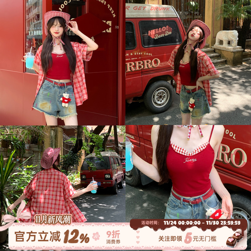 织物猪 盛夏繁星 甜美风红色宽松格纹衬衫上衣女休闲百搭短袖外套