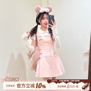 织物猪 花花小个子短裙 汽水女孩 甜美少女风粉色背带连衣裙女夏季