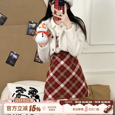 织物猪 草莓酸奶裙 学院风假两件格纹连衣裙女小个子外套秋冬套装