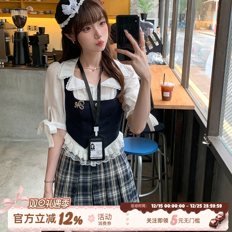 织物猪 夜校甜心 学院风假两件短袖衬衫女夏季烫钻格纹半身裙套装