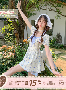织物猪 甜草奶酪 田园度假风蓝色短袖碎花裙女格纹拼接夏日连衣裙