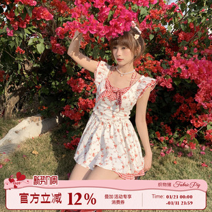 碎花短裙女格纹拼接夏日连衣裙 田园度假风小飞袖 织物猪 甜草奶酪