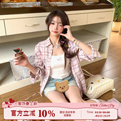 套装 韩系粉色格纹衬衫 女春夏甜美吊带短裙三件套 糖果兰兰 织物猪