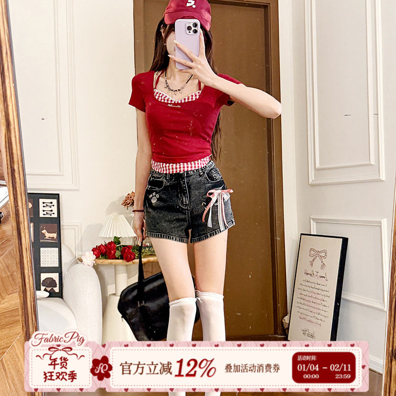 织物猪 叛逆软糖 y2k黑灰色烫钻牛仔短裤女夏蝴蝶结辣妹高腰热裤,女装/女士精品,牛仔裤,淘宝优惠券,粉丝福利购,淘宝优惠卷