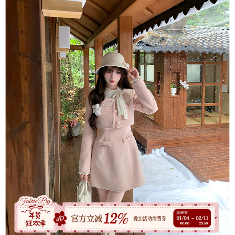 织物猪 月光少女 精致千金感套装女秋冬粉色连衣裙呢子短款外套,女装/女士精品,时尚套装,淘宝优惠券,粉丝福利购,淘宝优惠卷