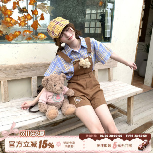 女格纹衬衫 织物猪 套装 天才少女风复古减龄背带裤 两件套 背带小熊
