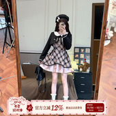 甜美风格 织物猪 黑甜粉阁 纹娃娃领连衣裙女早春小个子拼接短裙子