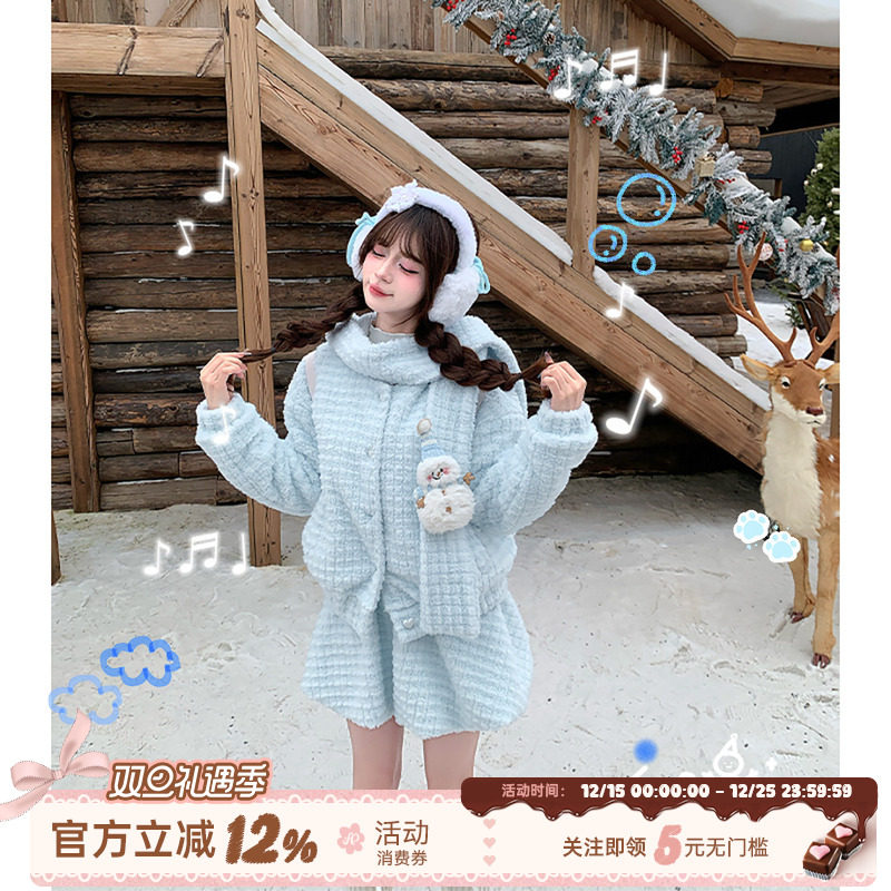 织物猪 奶芙泡泡 甜美风加绒连帽棉服女秋冬奶fufu毛绒保暖外套