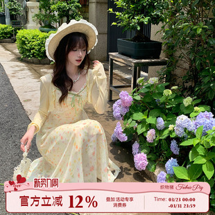 织物猪 植物系穿搭黄色碎花吊带连衣裙女夏日度假长裙子 盛夏葵野