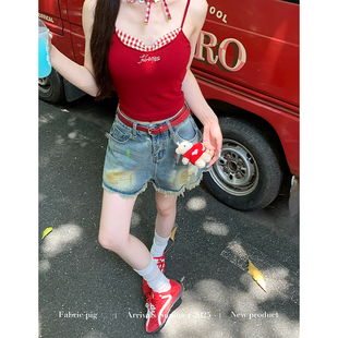 盛夏繁星 织物猪 甜辣妹带胸垫吊带背心女夏日绝美格纹内搭上衣