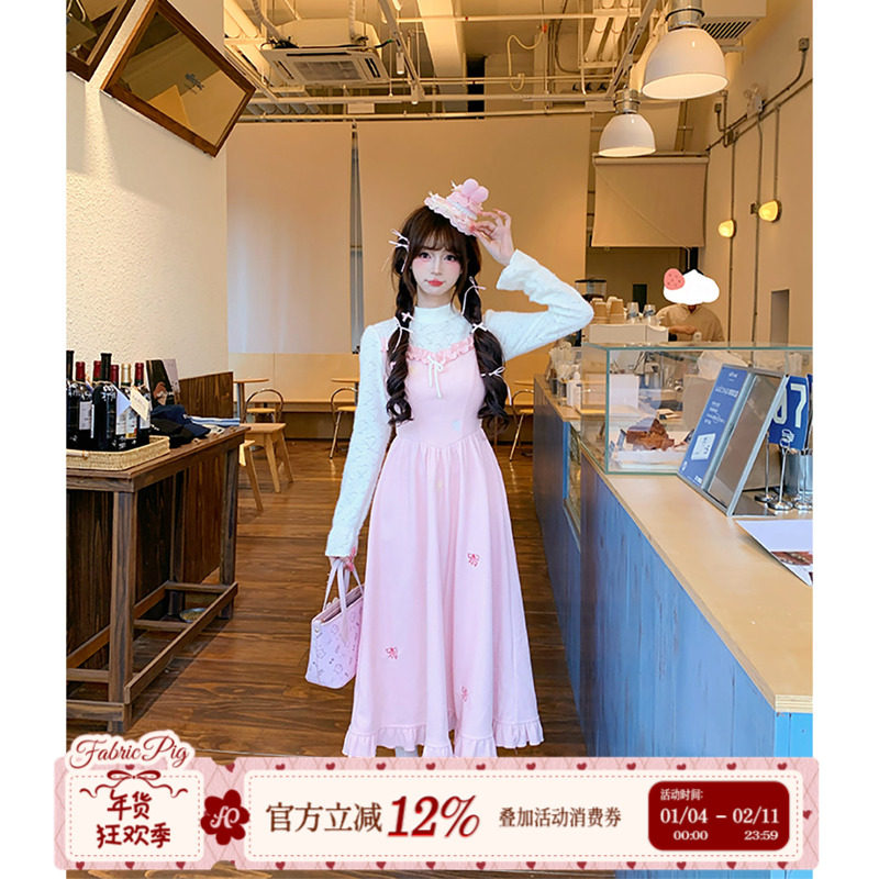 织物猪 草莓甜筒 甜美风粉色假两件连衣裙女秋冬拼接灯芯绒长裙子,女装/女士精品,连衣裙,淘宝优惠券,粉丝福利购,淘宝优惠卷