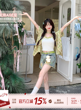 织物猪 盛夏繁星 甜美风绿色宽松格纹衬衫上衣女休闲百搭短袖外套