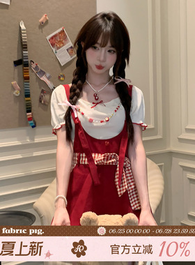 织物猪 红莓杏语 甜美少女风红色连体裤女夏可爱减龄背带裤短裤子