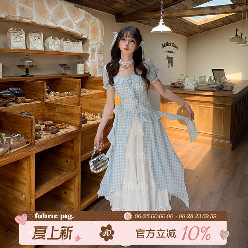 蓝色开叉格纹连衣裙女夏日