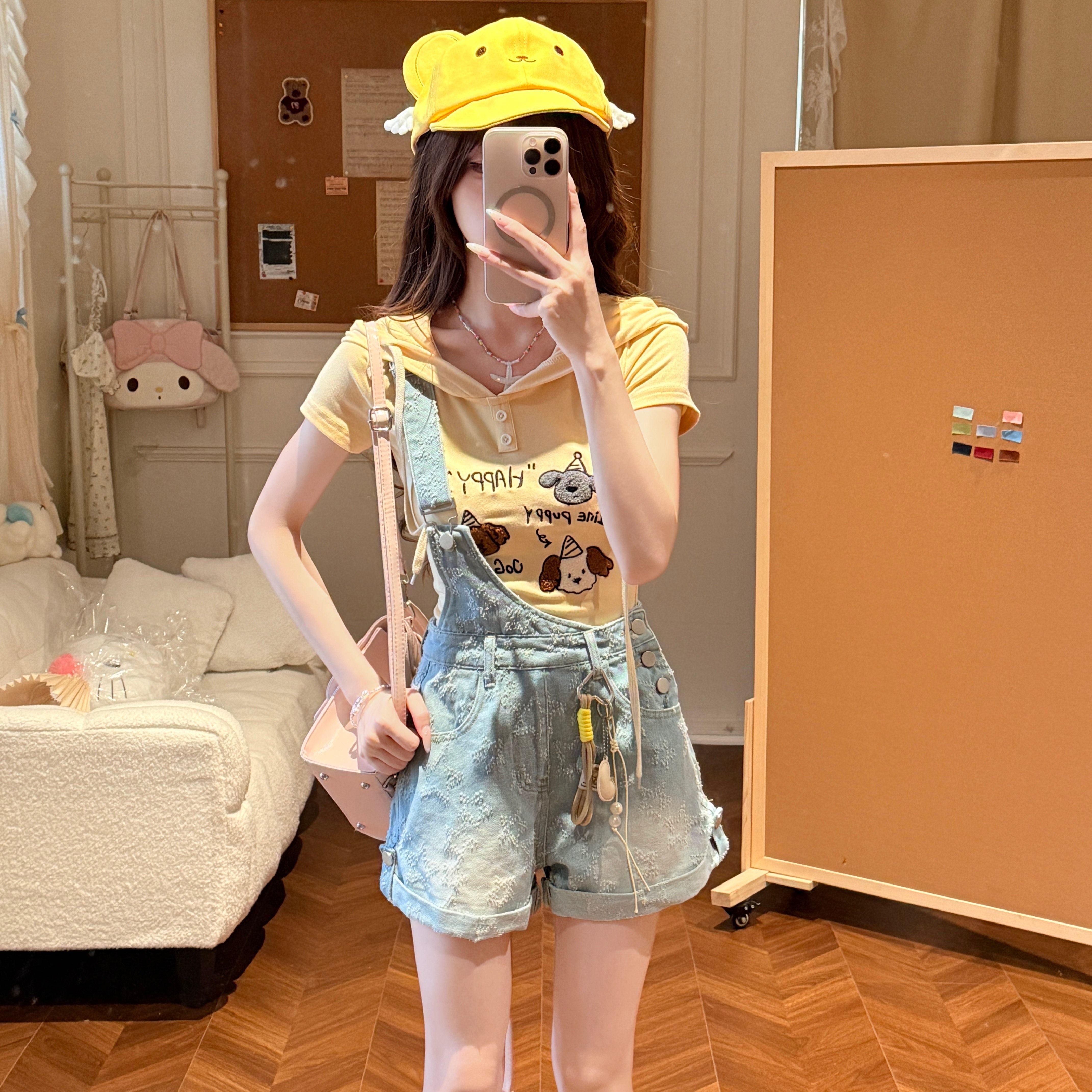 织物猪 奶油小狗 甜美风蓝色牛仔背带裤女小个子俏皮减龄可爱短裤