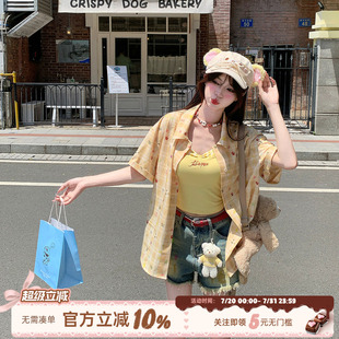 外套 织物猪 盛夏繁星 甜美风休闲宽松印花格纹衬衫 上衣女百搭短袖