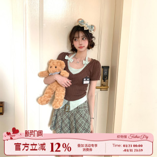 织物猪 森系学院风棕色假两件针织上衣格纹显瘦百褶短裙 摩卡学院