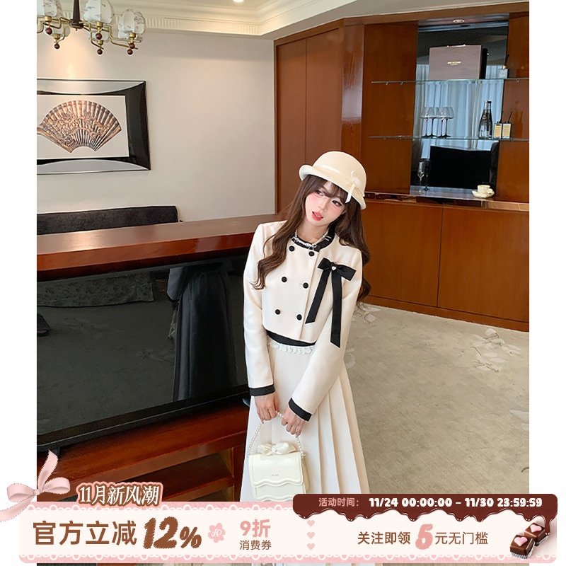 织物猪 遇见小香 千金风套装miu系毛呢短外套女冬百褶长裙两件套