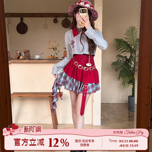 织物猪 甜酷风拼接格纹荷叶边连衣裙女夏红色不规则短裙 红莓冰茶