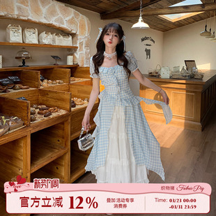 织物猪 蓝色开叉格纹连衣裙女夏日白色蛋糕长裙半身裙 蝴蝶絮语