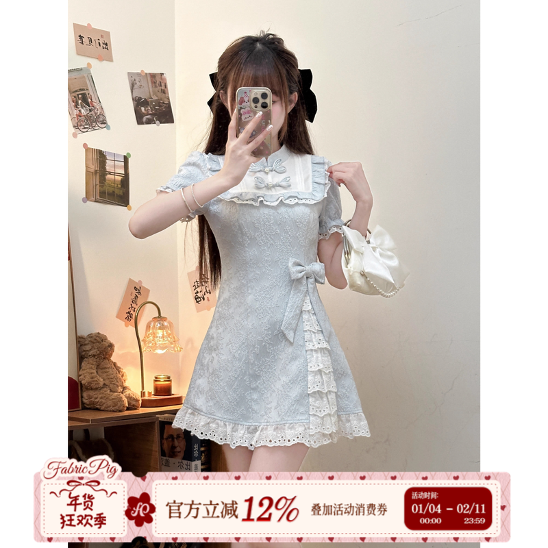 织物猪 蓝调甜茶 少女新中式连衣裙女夏季国风气质蓝色收腰短裙子,女装/女士精品,连衣裙,淘宝优惠券,粉丝福利购,淘宝优惠卷
