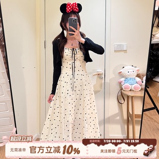 织物猪 甜美风收腰长裙子 香草奶盖 黑白爱心碎花吊带连衣裙女夏季