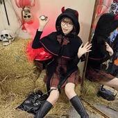 女格纹拼接连衣裙制服两件套 万圣节穿搭斗篷套装 织物猪 恶魔甜心