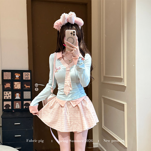 元气少女风浅蓝拼接粉格上衣女春