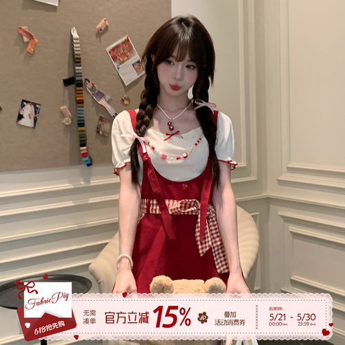 甜美少女风红色连体裤背带裤