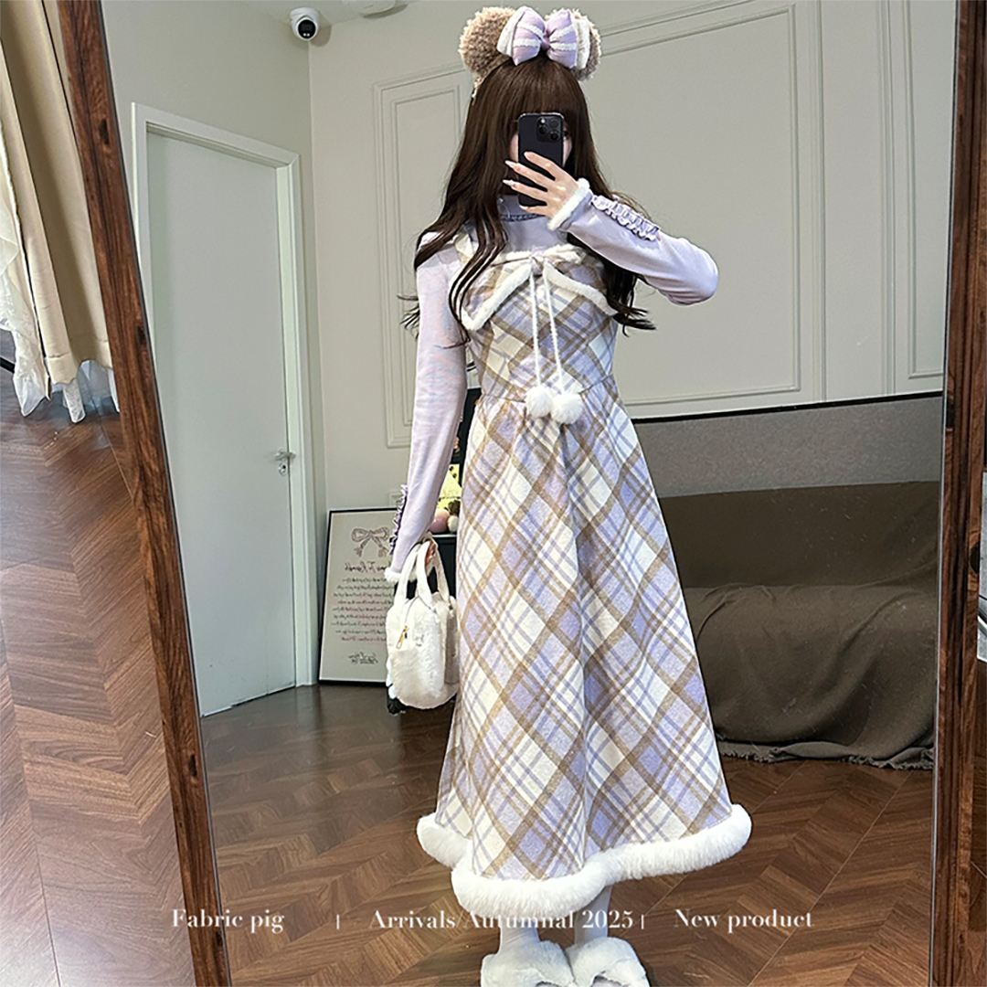 格纹毛呢连衣裙针织打底衫套装