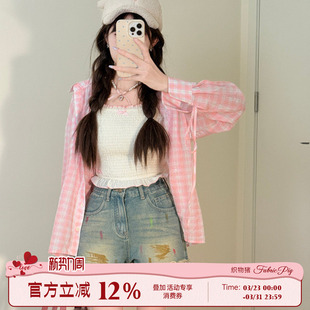 女夏小个子烫钻防晒长袖 甜美风粉色格子衬衫 上衣 薄荷甜心 织物猪