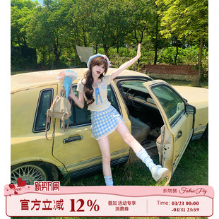 织物猪 多巴胺穿搭蓝色半身短裙女甜美夏日绝美小裙子 桃桃曼波