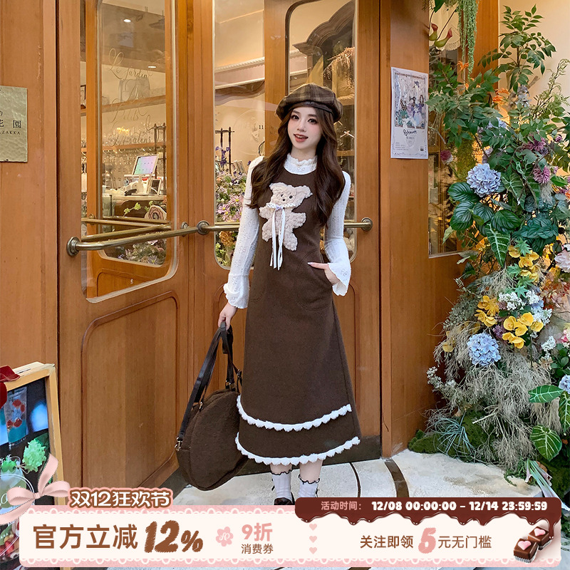 织物猪 枫糖撞奶 假两件长袖连衣裙女秋冬小熊千金感miu系长裙子