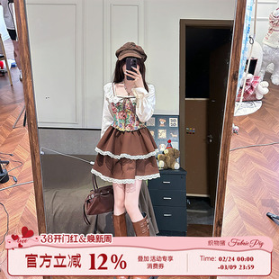 织物猪 油画物语 复古风提花方口领连衣裙女初春撞色拼接蛋糕短裙