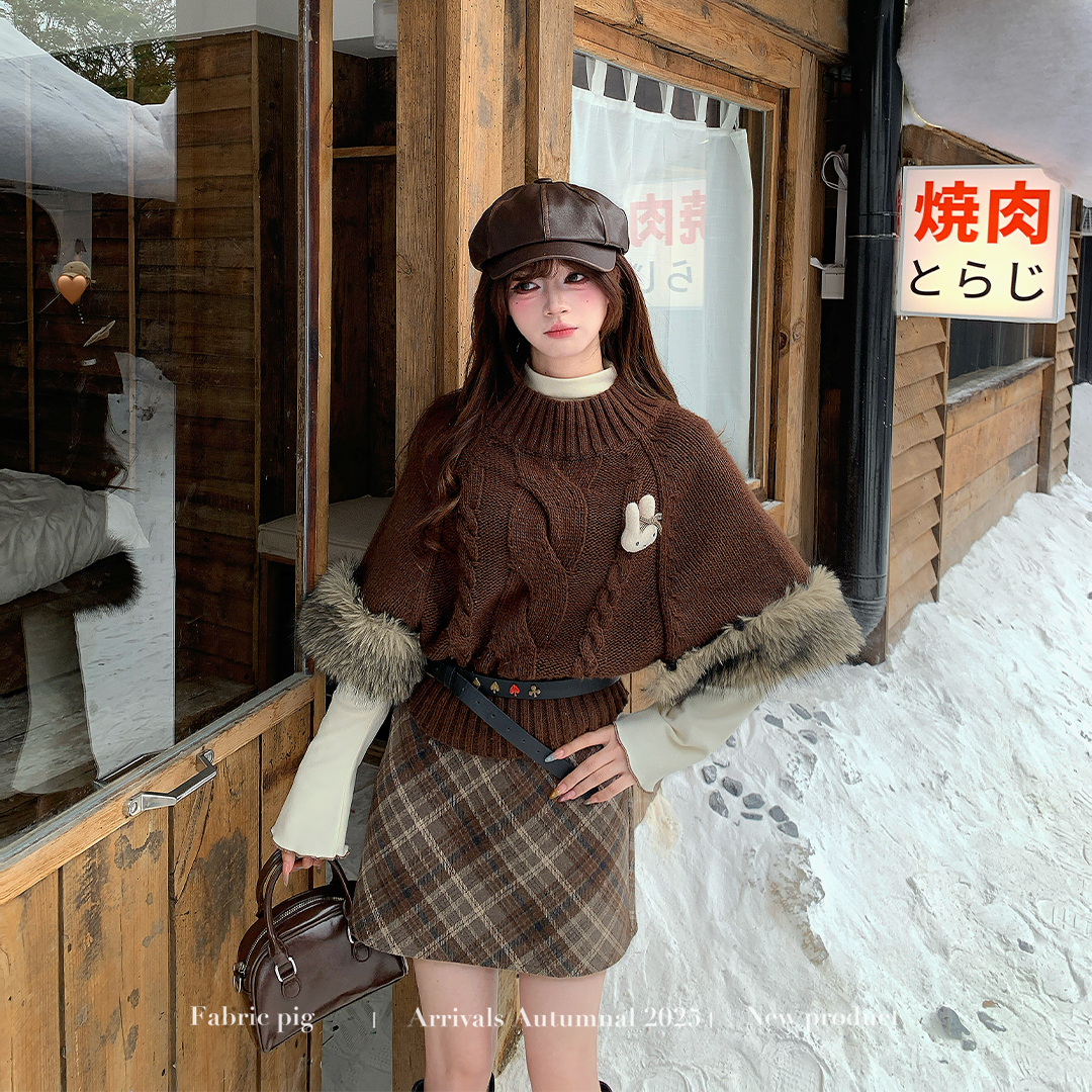 秋冬复古美拉德斗篷毛衣套装女