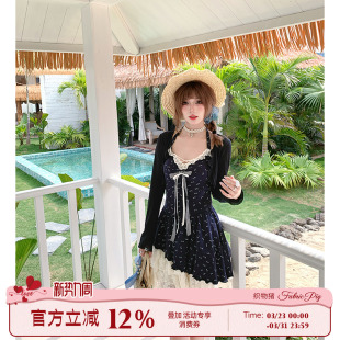 织物猪 甜欲风挂脖连衣裙女初夏碎花裙海边度假小短裙子 蓝屿花叙