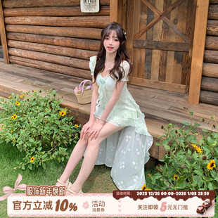 可拆卸拖尾裙 薄荷曼波风不规则碎花连衣裙女夏季 织物猪 青提茉莉