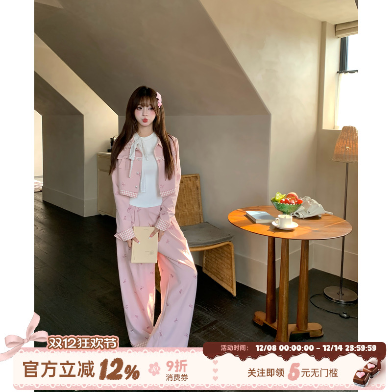 刺绣蝴蝶结外套套装高腰阔腿长裤